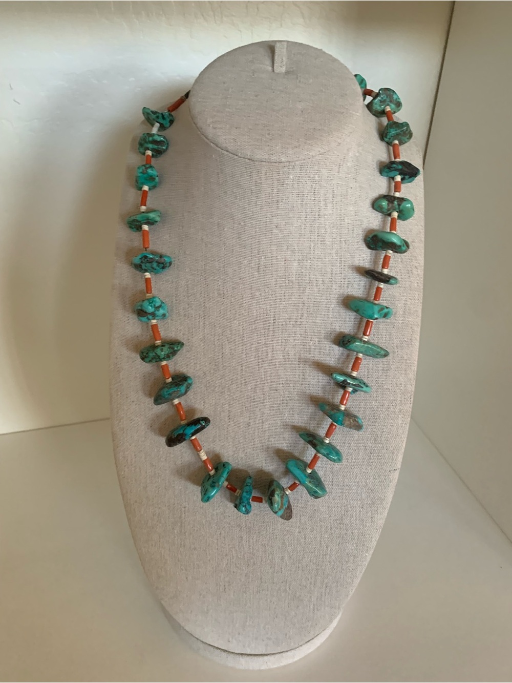 Vintage Turquoise Nugget Necklace with Red Coral Accents